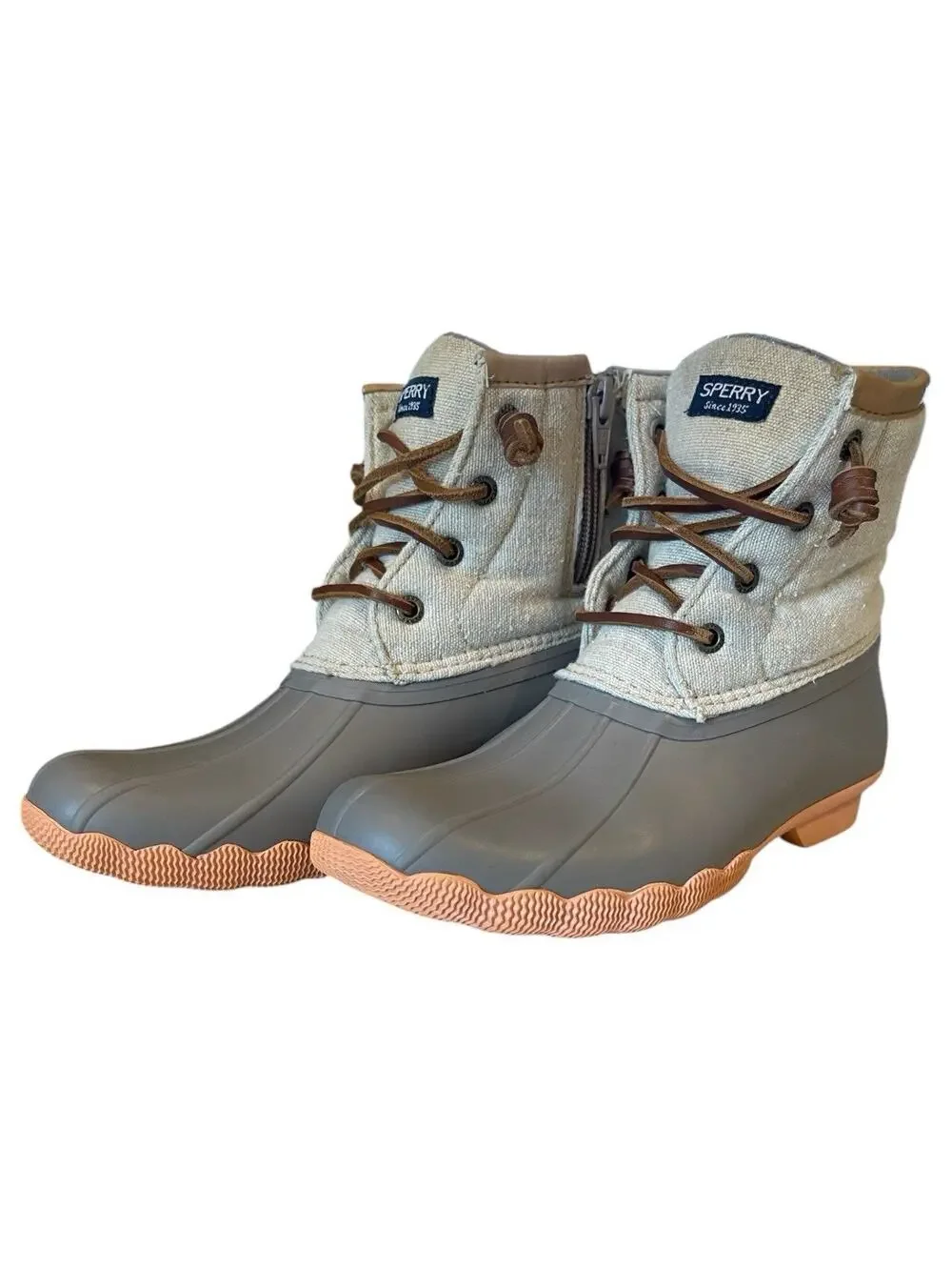 Sperry Top-Sider Kids Duck Boots Size 3M Gray Rubber Beige Canvas Side Zip